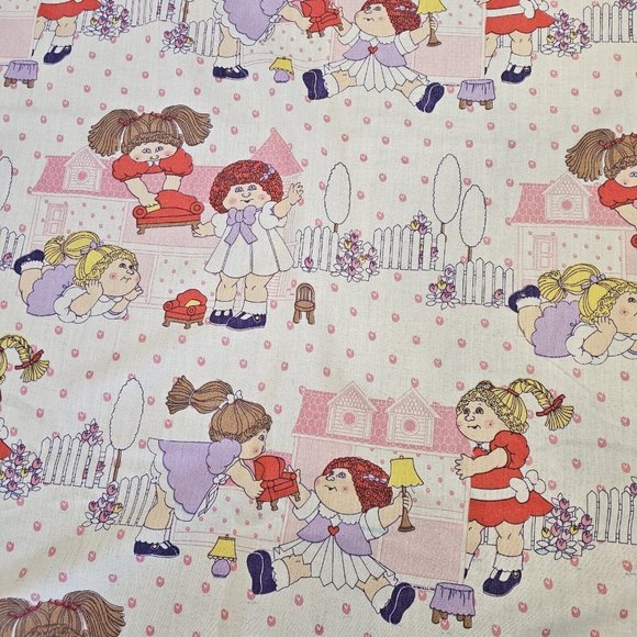 Vintage Cabbage Patch Kids Twin Bed Sheet 66 X 94 Fabric Upcycle White Pink - Picture 2 of 9